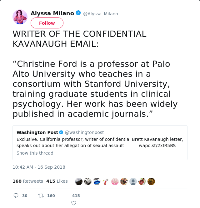 WRITER OF THE CONFIDENTIAL KAVANAUGH EMAIL: 

“Christine Ford is a professor at Palo Alto University who teaches in…