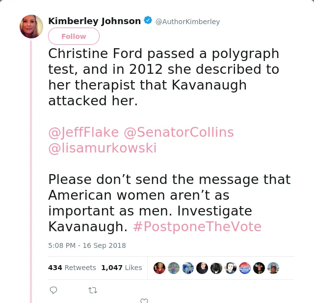 RT @AuthorKimberley: Christine Ford passed a polygraph test, and in 2012 she described to her therapist that Kavanaugh attacked her. 

@Jef…