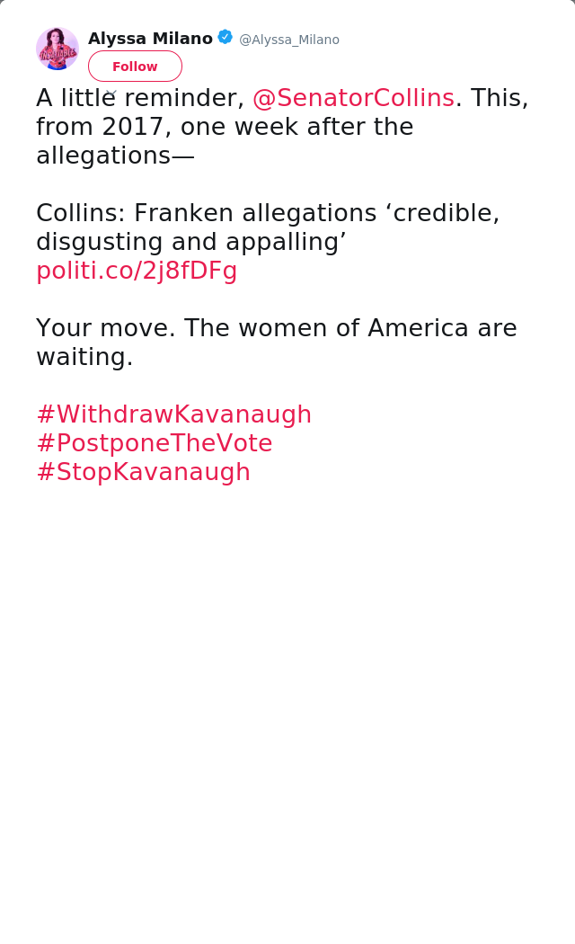 A little reminder, @SenatorCollins. This, from 2017, one week after the allegations— 

Collins: Franken allegations…