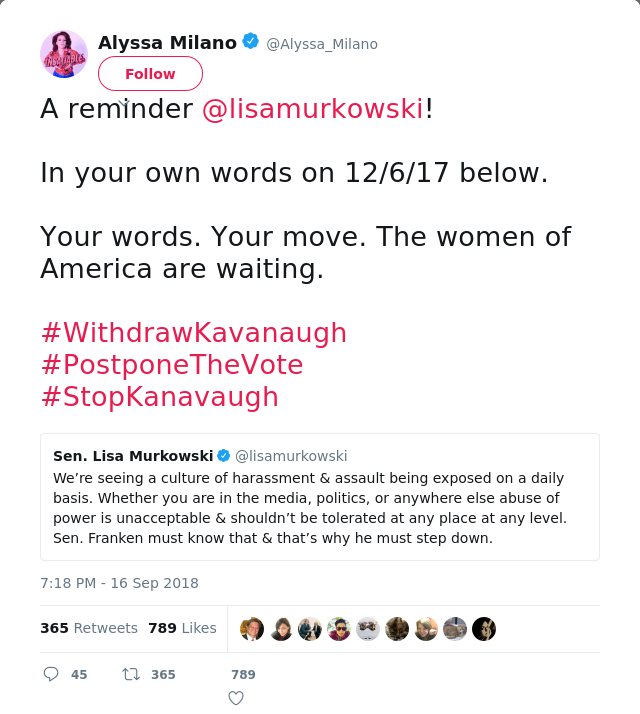 A reminder @lisamurkowski! 

In your own words on 12/6/17 below.

Your words. Your move. The women of America are w…