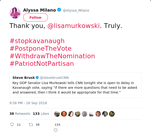 Thank you, @lisamurkowski. Truly. 

#stopkavanaugh
#PostponeTheVote 
#WithdrawTheNomination 
#PatriotNotPartisan