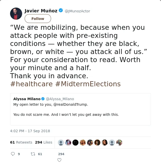 RT @JMunozActor: “We are mobilizing, because when you attack people with pre-existing conditions — whether they are black, brown, or white…