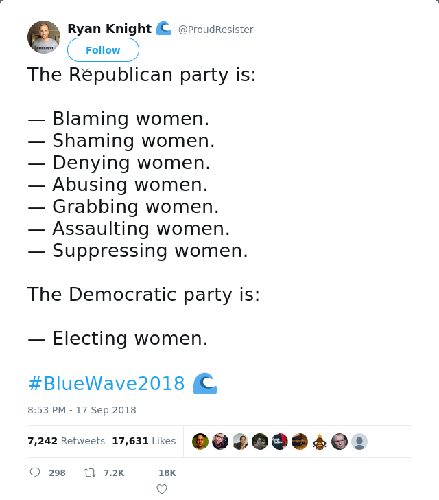 RT @ProudResister: The Republican party is:

— Blaming women.
— Shaming women.
— Denying women.
— Abusing women.
— Grabbing women.
— Assaul…