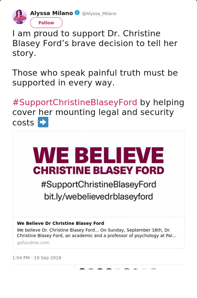 I am proud to support Dr. Christine Blasey Ford’s brave decision to tell her story. 

Those who speak painful truth…