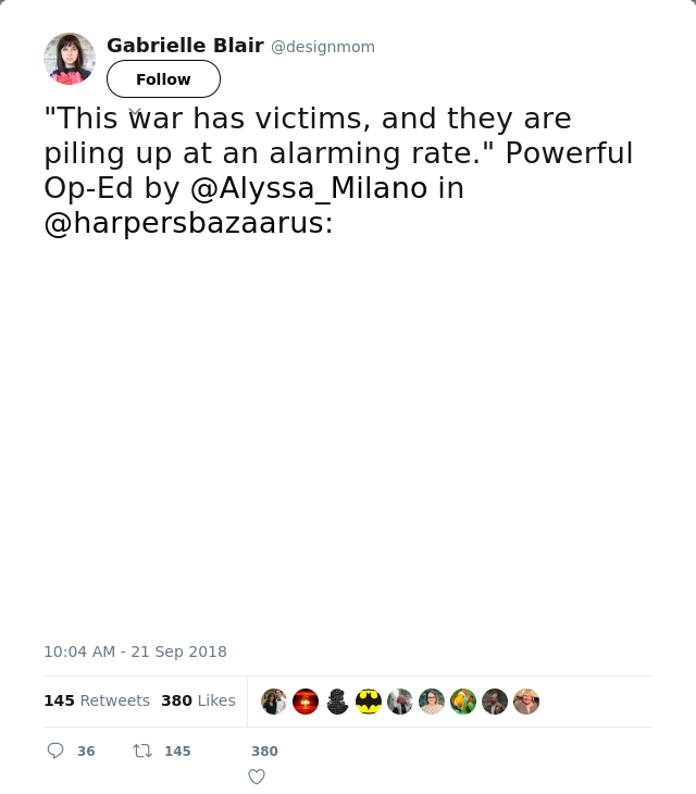 RT @designmom: "This war has victims, and they are piling up at an alarming rate." Powerful Op-Ed by @Alyssa_Milano in @harpersbazaarus: ht…