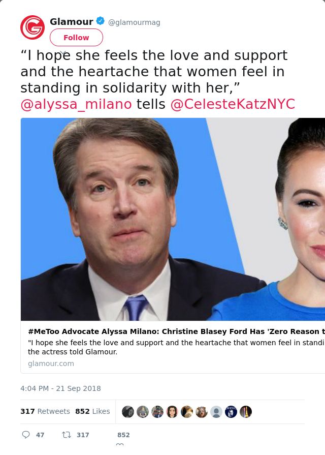 RT @glamourmag: “I hope she feels the love and support and the heartache that women feel in standing in solidarity with her,” @alyssa_milan…