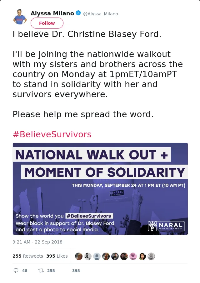 I believe Dr. Christine Blasey Ford. 

I'll be joining the nationwide walkout with my sisters and brothers across t…