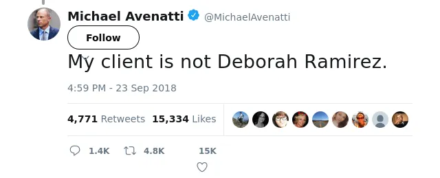 RT @MichaelAvenatti: My client is not Deborah Ramirez.