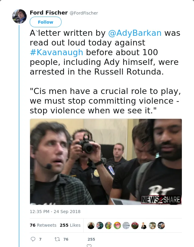 RT @FordFischer: A letter written by @AdyBarkan was read out loud today against #Kavanaugh before about 100 people, including Ady himself,…