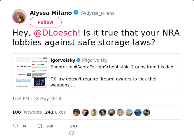 Hey, @DLoesch! Is it true that your NRA lobbies against safe storage laws?