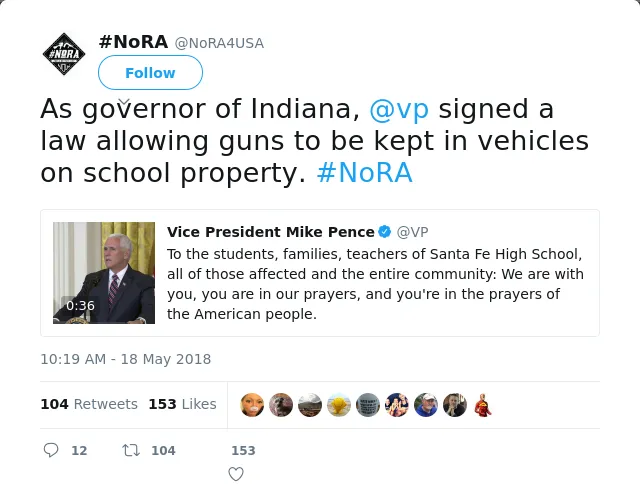 RT @NoRA4USA: As governor of Indiana, @vp signed a law allowing guns to be kept in vehicles on school property. #NoRA