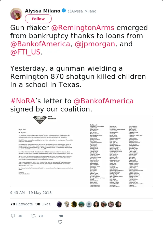Gun maker @RemingtonArms emerged from bankruptcy thanks to loans from @BankofAmerica, @jpmorgan, and @FTI_US.

Yest…