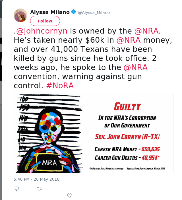 .@johncornyn is owned by the @NRA. He’s taken nearly $60k in @NRA money, and over 41,000 Texans have been killed by…