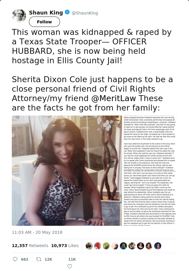 RT @ShaunKing: This woman was kidnapped &amp; raped by a Texas State Trooper— OFFICER HUBBARD, she is now being held hostage in Ellis County Ja…