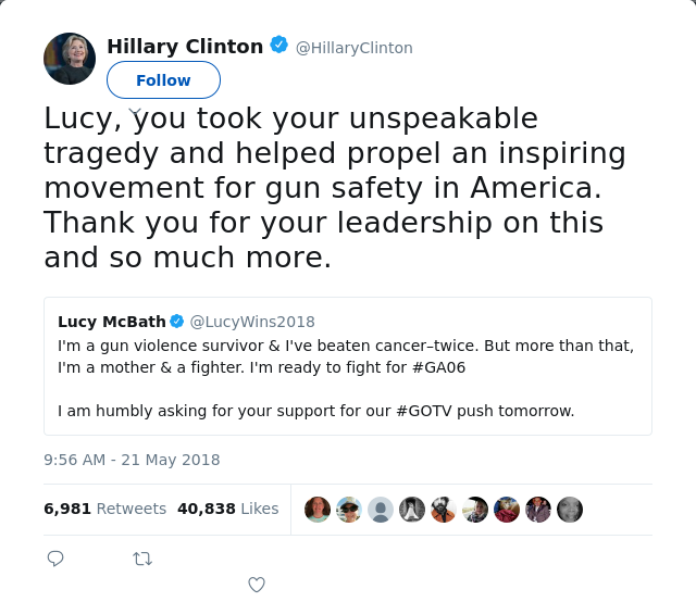 RT @HillaryClinton: Lucy, you took your unspeakable tragedy and helped propel an inspiring movement for gun safety in America. Thank you fo…