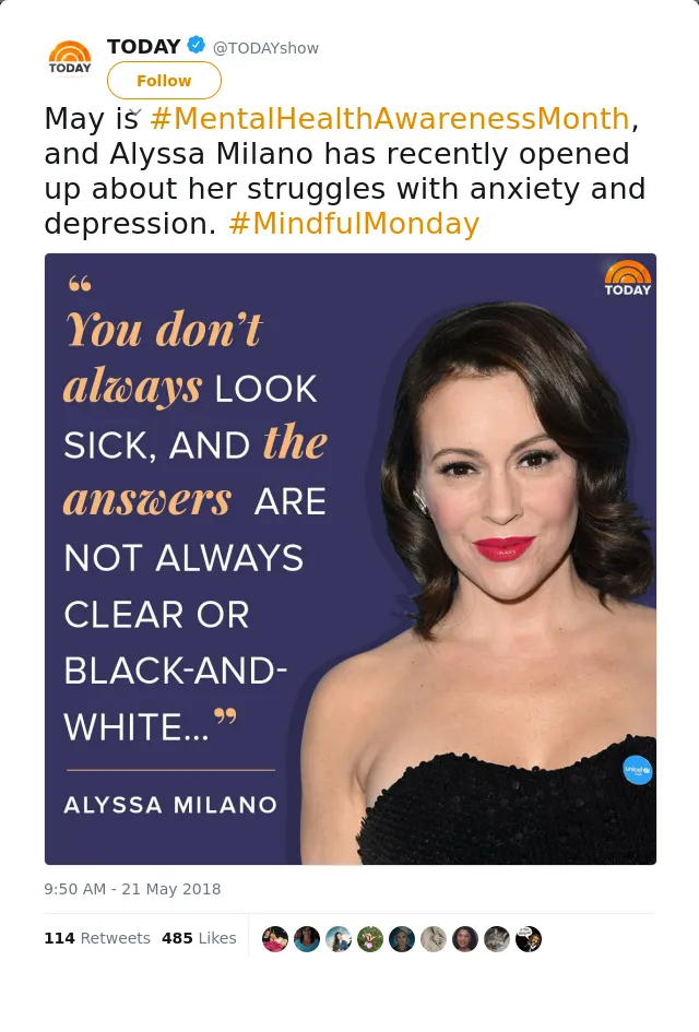 RT @TODAYshow: May is #MentalHealthAwarenessMonth, and Alyssa Milano has recently opened up about her struggles with anxiety and depression…