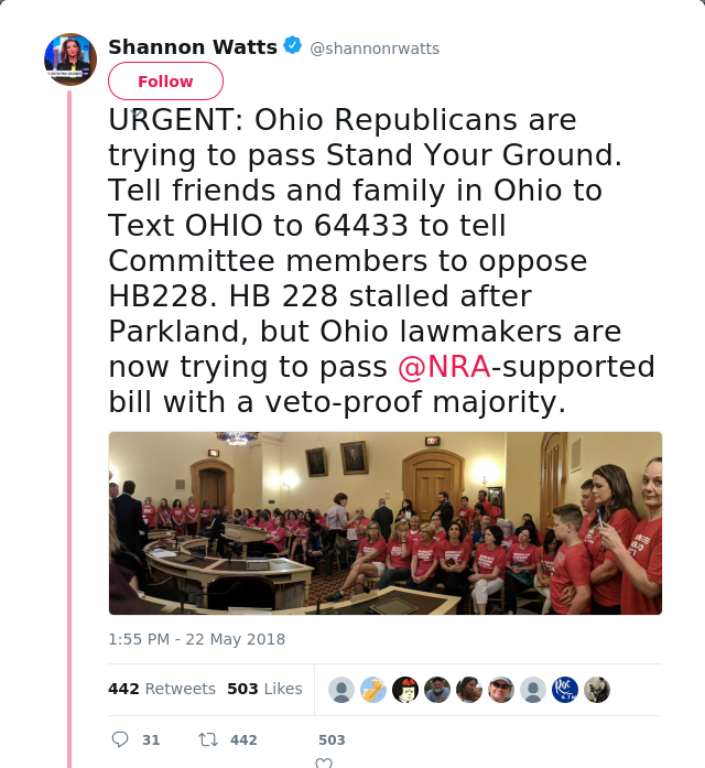 RT @shannonrwatts: URGENT: Ohio Republicans are trying to pass Stand Your Ground. Tell friends and family in Ohio to Text OHIO to 64433 to…