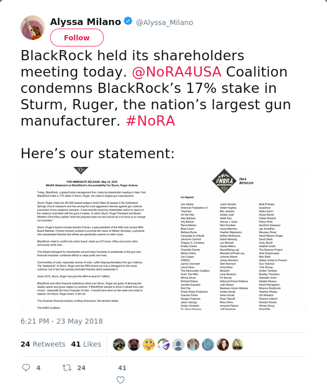 BlackRock held its shareholders meeting today. @NoRA4USA Coalition condemns BlackRock’s 17% stake in Sturm, Ruger,…
