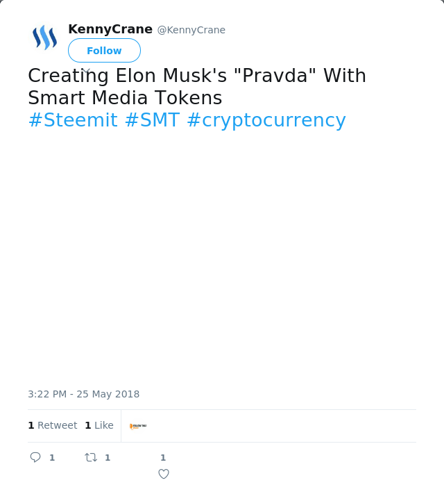 RT @KennyCrane: Creating Elon Musk's "Pravda" With Smart Media Tokens 
#Steemit #SMT #cryptocurrency