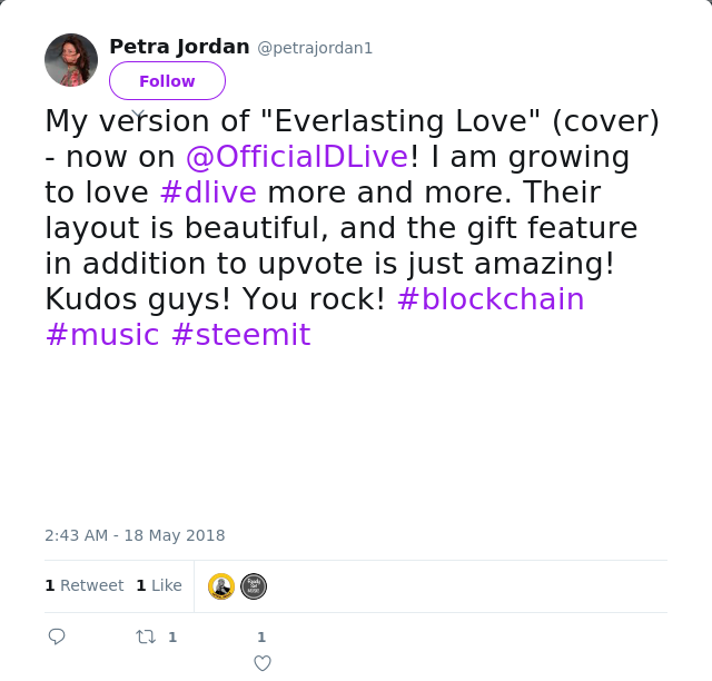 RT @petrajordan1: My version of "Everlasting Love" (cover) - now on @OfficialDLive! I am growing to love #dlive more and more. Their layout…
