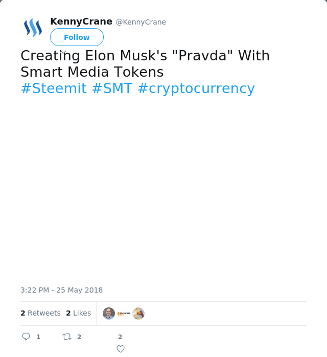 RT @KennyCrane: Creating Elon Musk's "Pravda" With Smart Media Tokens 
#Steemit #SMT #cryptocurrency