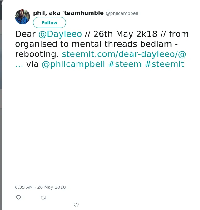 Dear @Dayleeo // 26th May 2k18 // from organised to mental threads bedlam - rebooting.