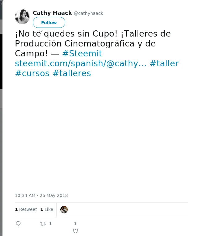 RT @cathyhaack: ¡No te quedes sin Cupo! ¡Talleres de Producción Cinematográfica y de Campo! — #Steemit