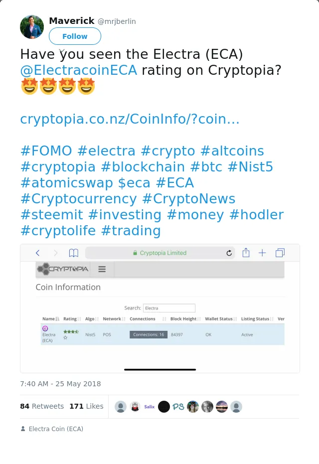 RT @mrjberlin: Have you seen the Electra (ECA) @ElectracoinECA rating on Cryptopia?🤩🤩🤩🤩