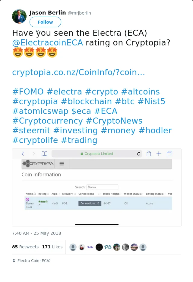RT @mrjberlin: Have you seen the Electra (ECA) @ElectracoinECA rating on Cryptopia?🤩🤩🤩🤩