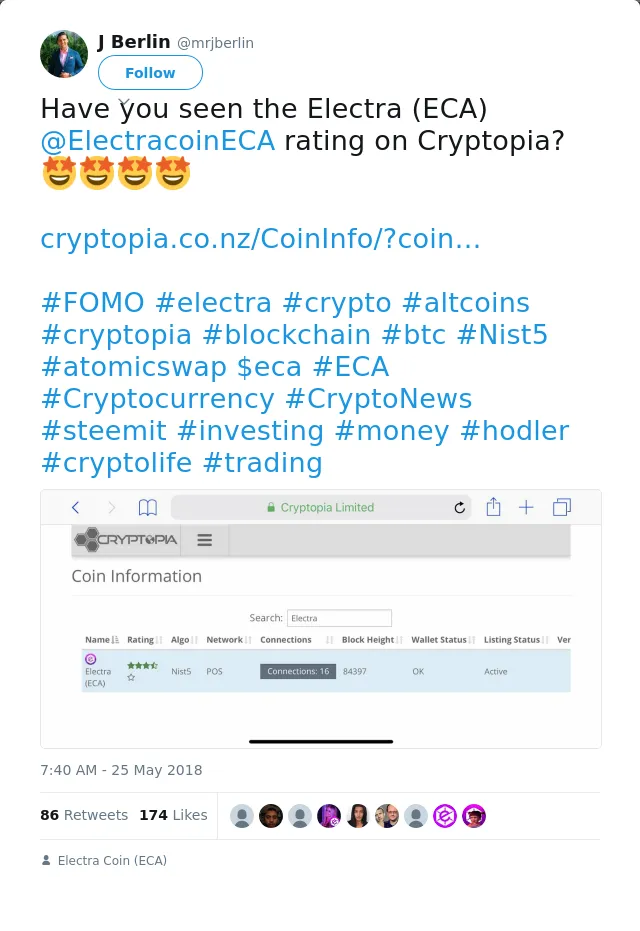 RT @mrjberlin: Have you seen the Electra (ECA) @ElectracoinECA rating on Cryptopia?🤩🤩🤩🤩