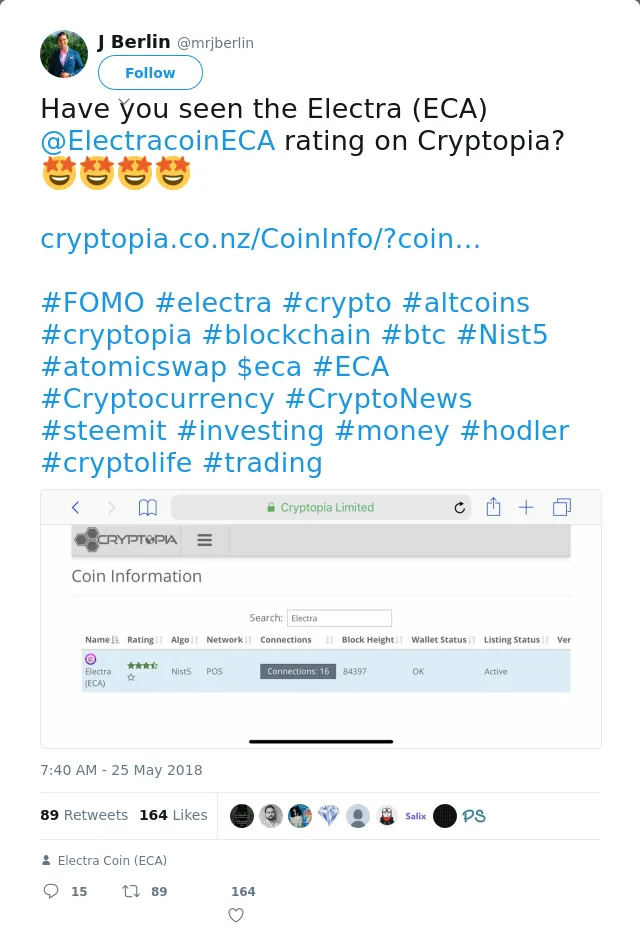 RT @mrjberlin: Have you seen the Electra (ECA) @ElectracoinECA rating on Cryptopia?🤩🤩🤩🤩
