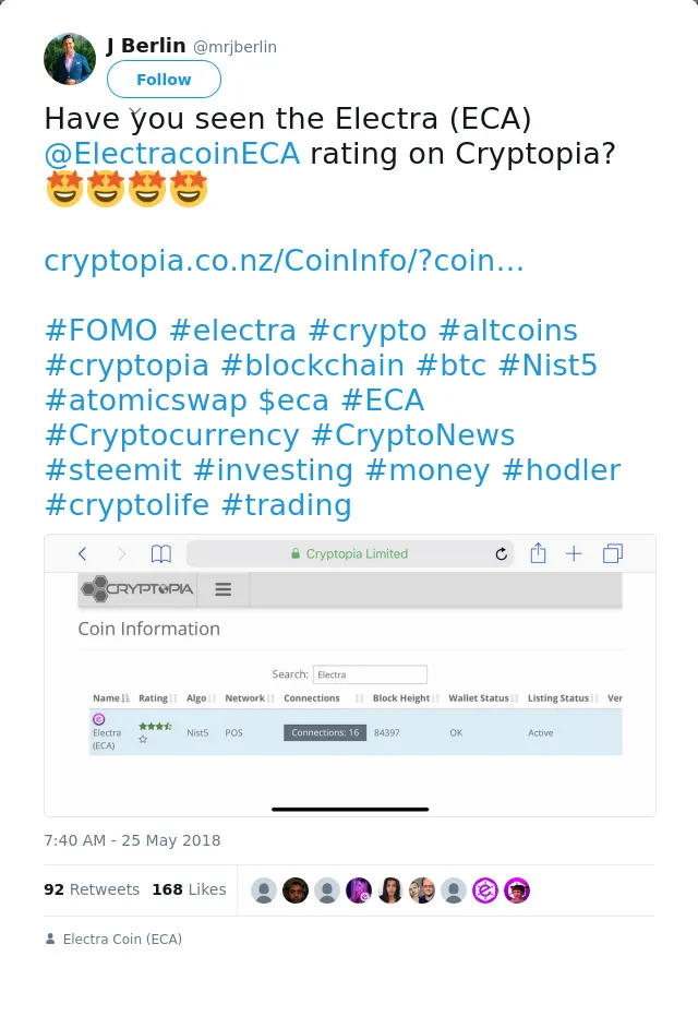 RT @mrjberlin: Have you seen the Electra (ECA) @ElectracoinECA rating on Cryptopia?🤩🤩🤩🤩