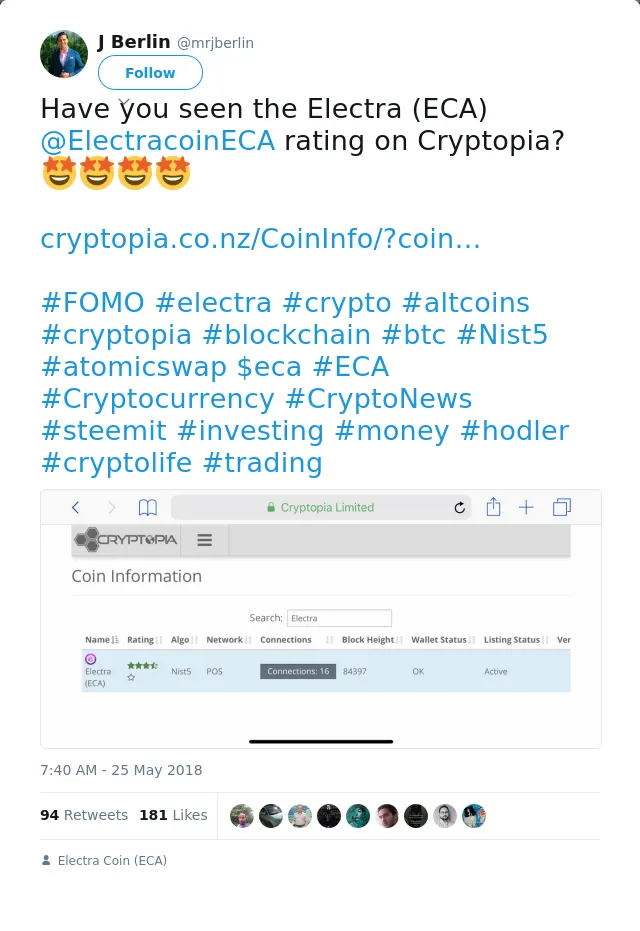RT @mrjberlin: Have you seen the Electra (ECA) @ElectracoinECA rating on Cryptopia?🤩🤩🤩🤩