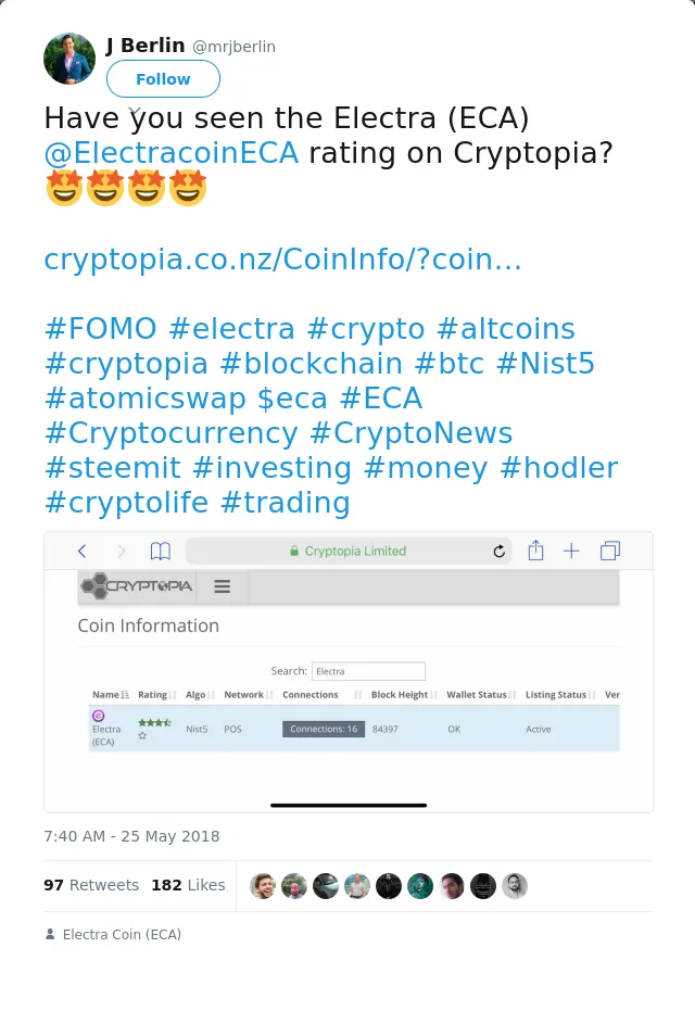 RT @mrjberlin: Have you seen the Electra (ECA) @ElectracoinECA rating on Cryptopia?🤩🤩🤩🤩
