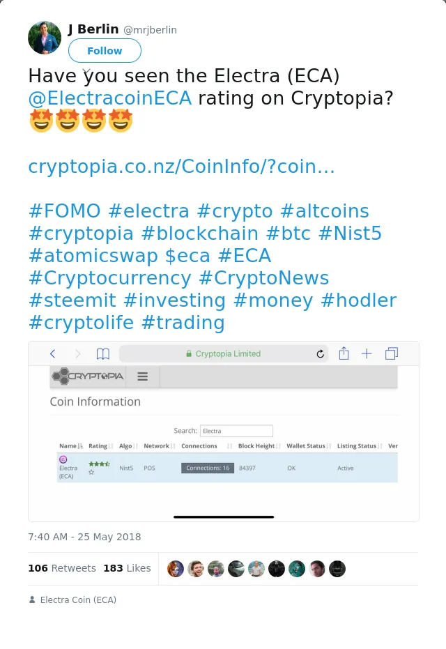 RT @mrjberlin: Have you seen the Electra (ECA) @ElectracoinECA rating on Cryptopia?🤩🤩🤩🤩