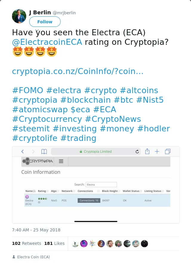 RT @mrjberlin: Have you seen the Electra (ECA) @ElectracoinECA rating on Cryptopia?🤩🤩🤩🤩