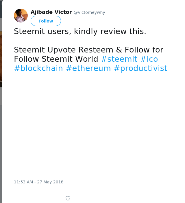 Steemit users, kindly review this.

Steemit Upvote Resteem &amp; Follow for Follow Steemit World #steemit #ico…
