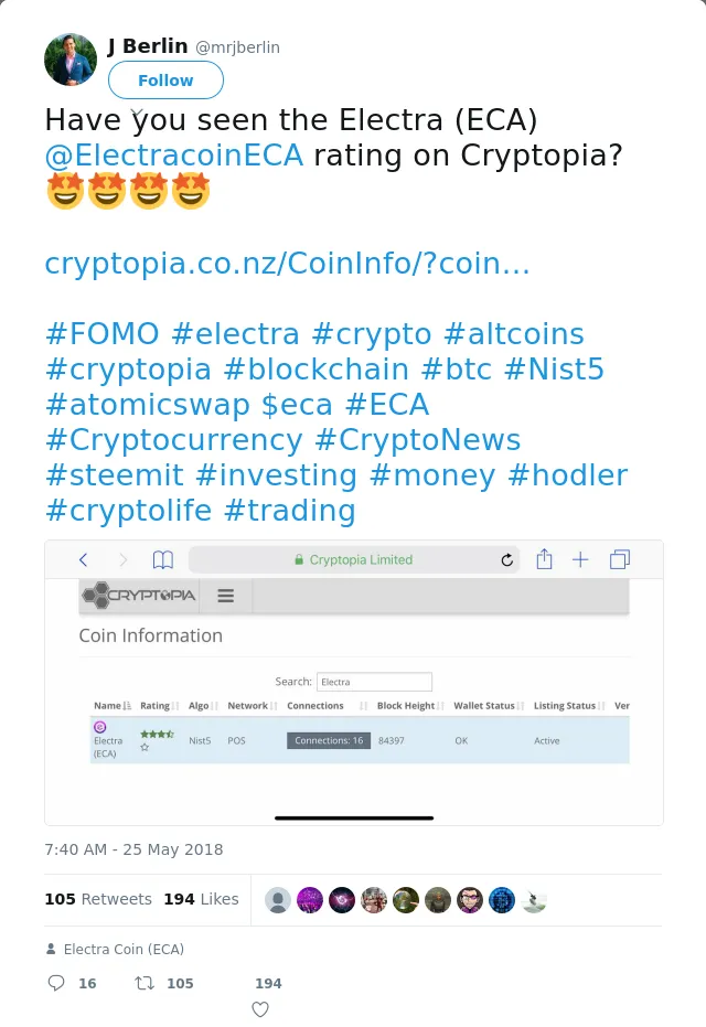RT @mrjberlin: Have you seen the Electra (ECA) @ElectracoinECA rating on Cryptopia?🤩🤩🤩🤩