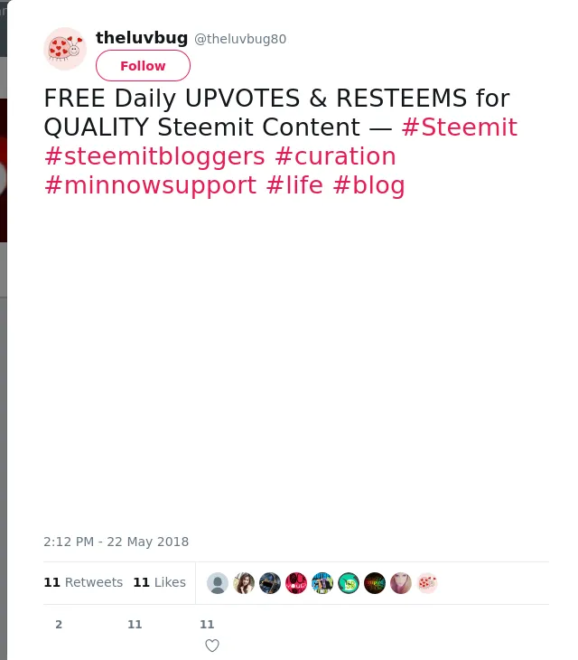 RT @theluvbug80: FREE Daily UPVOTES &amp; RESTEEMS for QUALITY Steemit Content — #Steemit #steemitbloggers #curation #minnowsupport #life #blog…