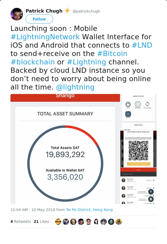 RT @patrickchugh: Launching soon : Mobile #LightningNetwork Wallet Interface for iOS and Android that connects to #LND to send+receive on t…
