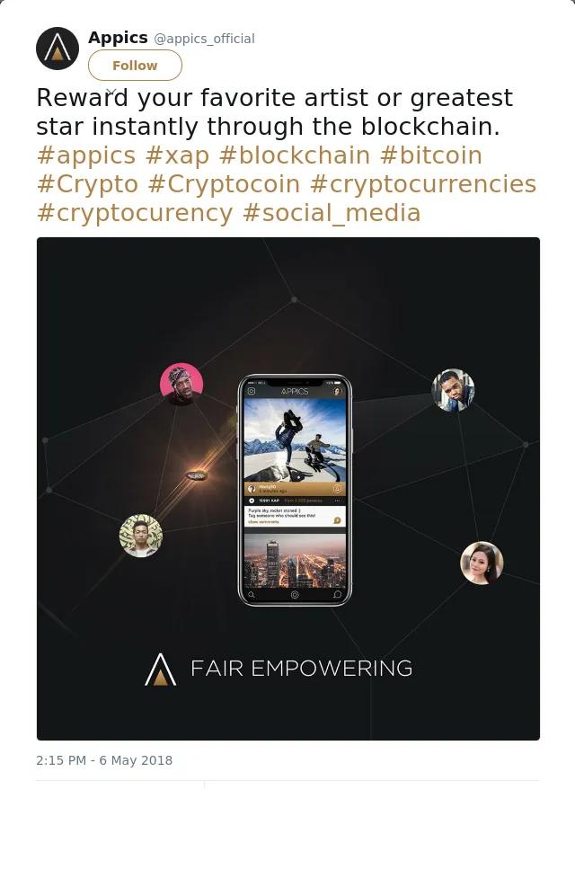 RT @appics_official: Reward your favorite artist or greatest star instantly through the blockchain.
#appics #xap #blockchain #bitcoin #Cryp…