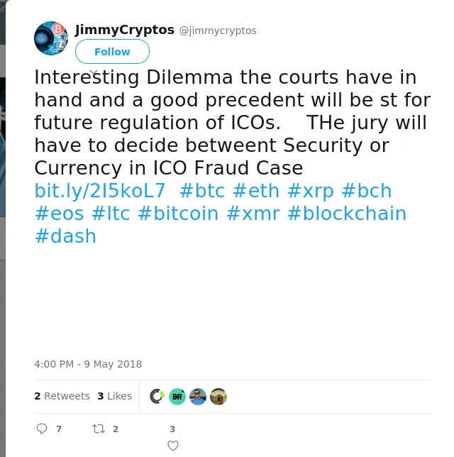 RT @jimmycryptos: Interesting Dilemma the courts have in hand and a good precedent will be st for future regulation of ICOs.    THe jury wi…