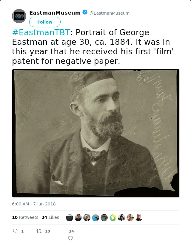 RT @EastmanMuseum: #EastmanTBT: Portrait of George Eastman at age 30, ca. 1884. It was in this year that he received his first 'film' paten…