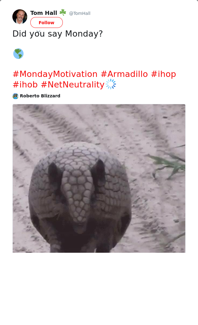 RT @TomHall: Did you say Monday?

🌎

#MondayMotivation #Armadillo #ihop #ihob #NetNeutrality