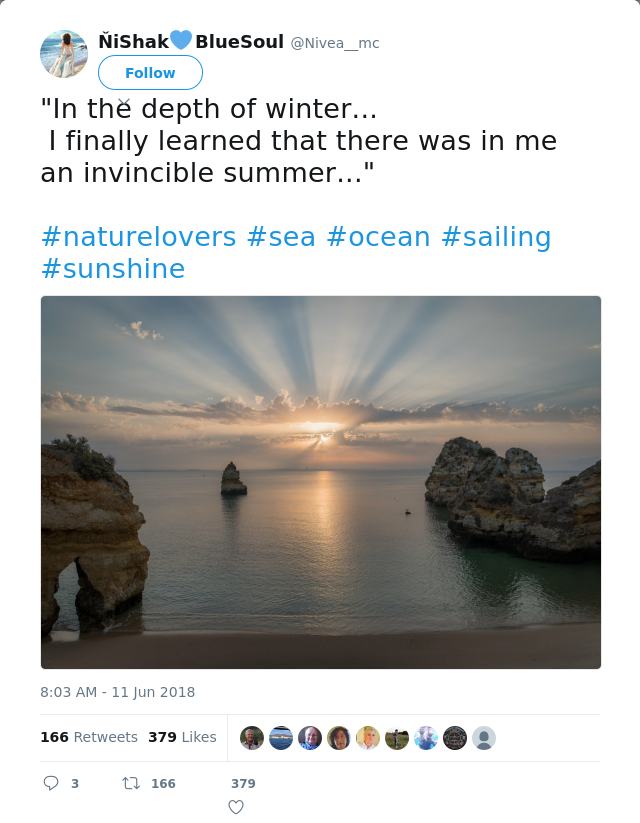 RT @Nivea__mc: "In the depth of winter...
 I finally learned that there was in me 
an invincible summer..."

#naturelovers #sea #ocean #sai…