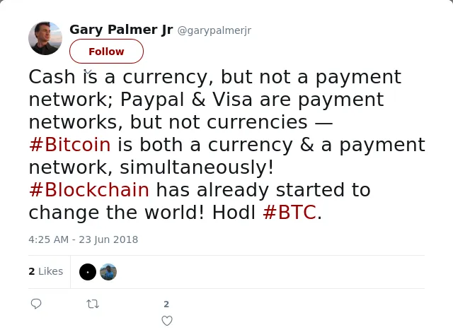 RT @garypalmerjr: Cash is a currency, but not a payment network; Paypal &amp; Visa are payment networks, but not currencies — 
#Bitcoin is both…