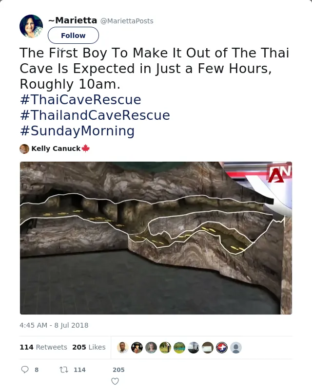 RT @MariettaPosts: The First Boy To Make It Out of The Thai Cave Is Expected in Just a Few Hours, Roughly 10am.
#ThaiCaveRescue
#ThailandCa…