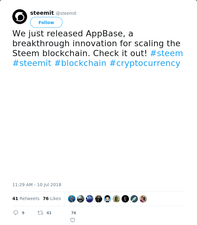 RT @steemit: We just released AppBase, a breakthrough innovation for scaling the Steem blockchain. Check it out! #steem #steemit #blockchai…