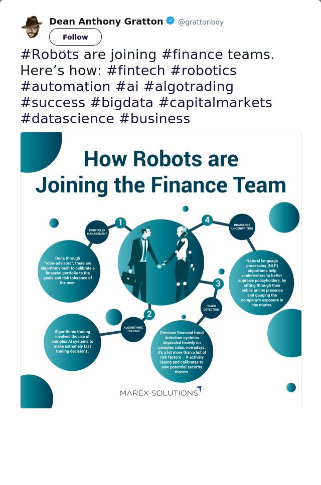 RT @grattonboy: #Robots are joining #finance teams. Here’s how: #fintech #robotics #automation #ai #algotrading #success #bigdata #capitalm…