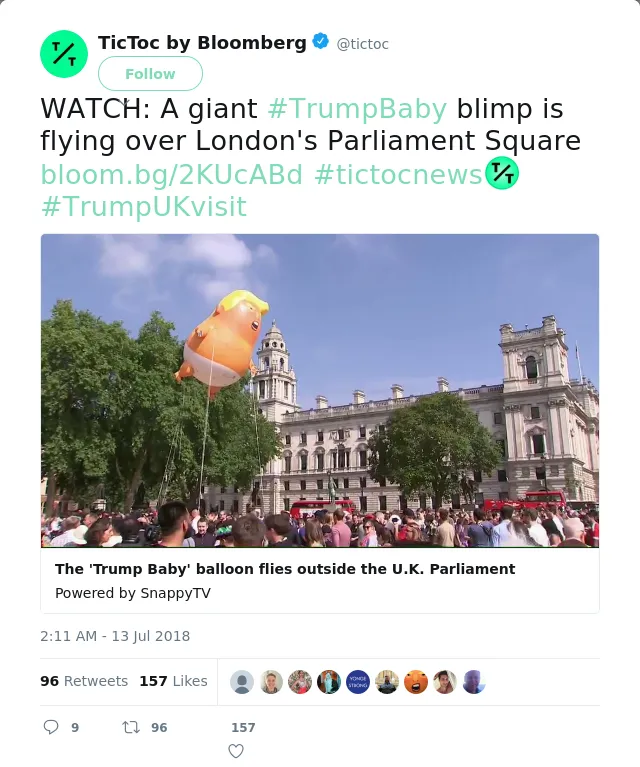 RT @tictoc: WATCH: A giant #TrumpBaby blimp is flying over London's Parliament Square